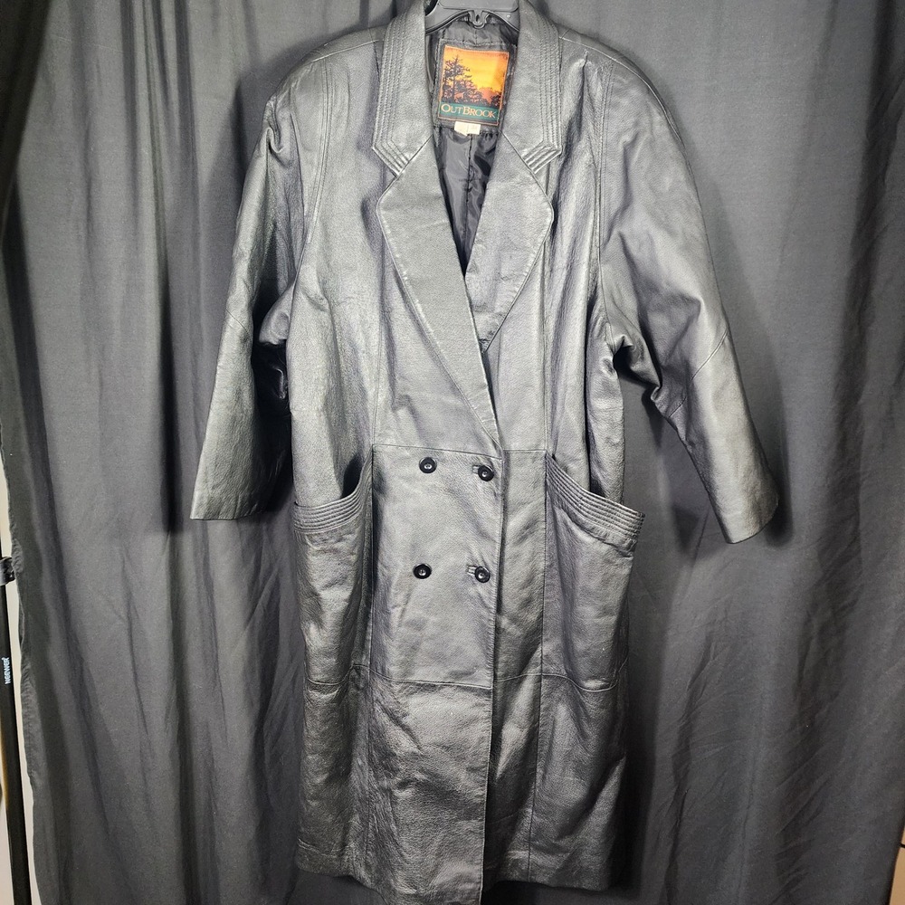 Vintage OUTBROOK Mens Black Double Breasted Leather Trench Coat Size 3X‎ Goth
